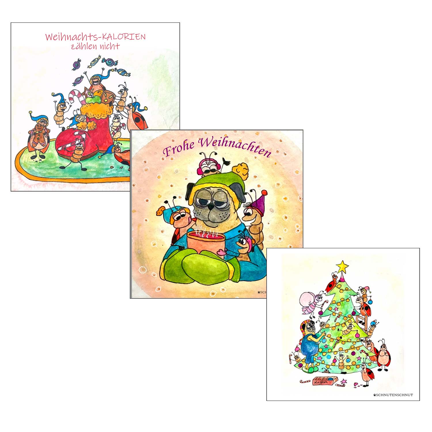3er-Set Weihnachtskarten Mops